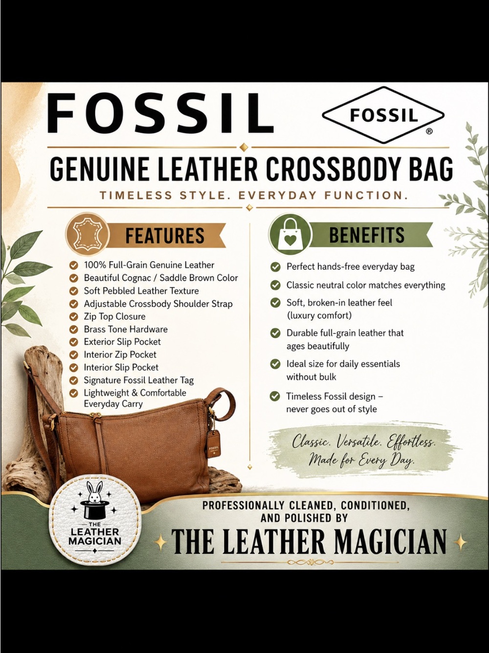 Fossil Cognac Brown Leather Crossbody Bag Y2K Vintage Pebbled Leather